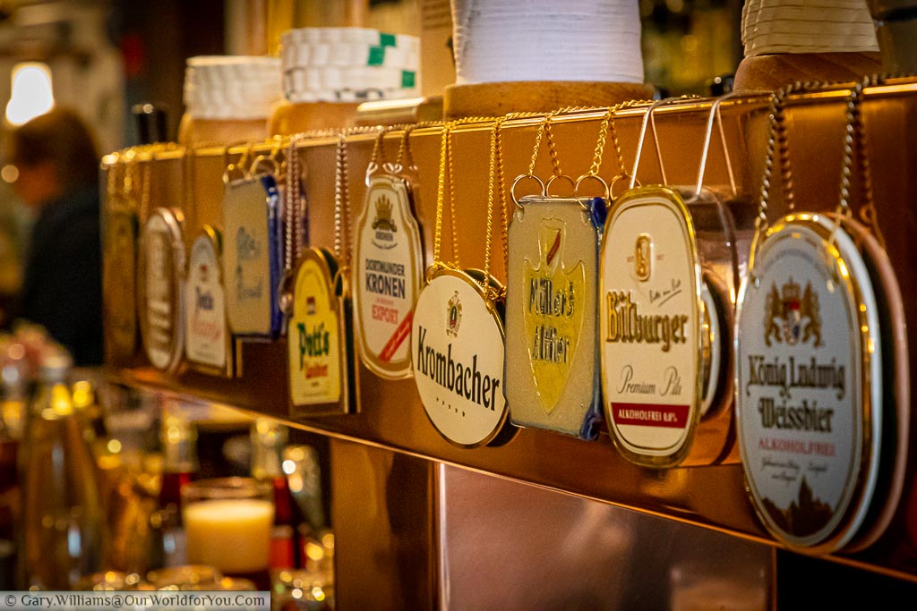 The beer signs of the selection of ales available in Altes Gasthaus Leve. The range of beers offers a choice from around Germany, including a local ale.