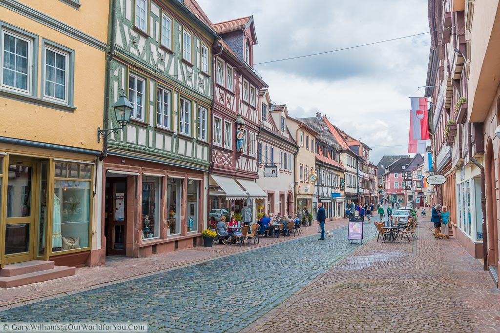 A view along Miltenberg’s main Street lined with half-timbered buildings that now are home to quirky shops and cafes