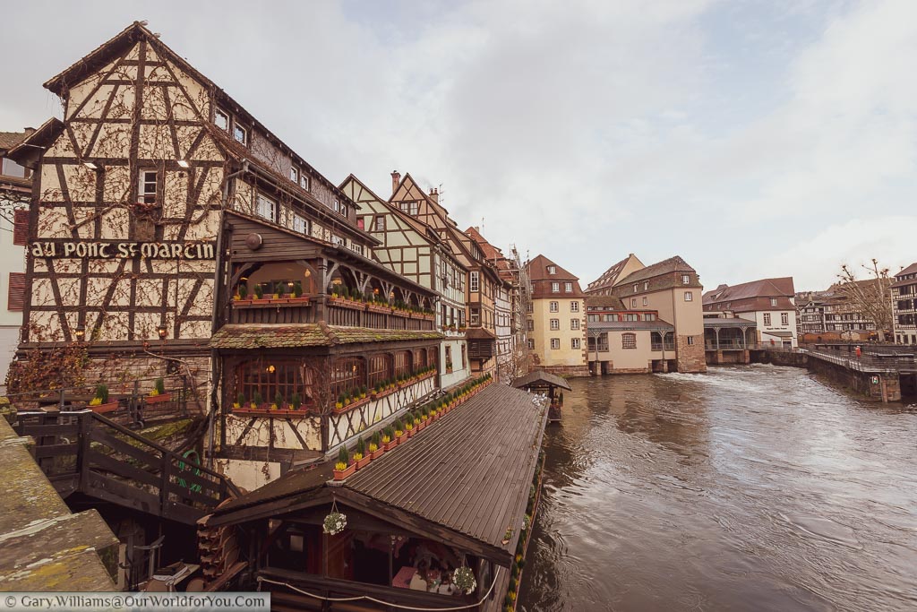 The view from Pont Saint-Martin over the canals of Petite France, framed by the half-timber buildings typical of this part of Strasbourg.