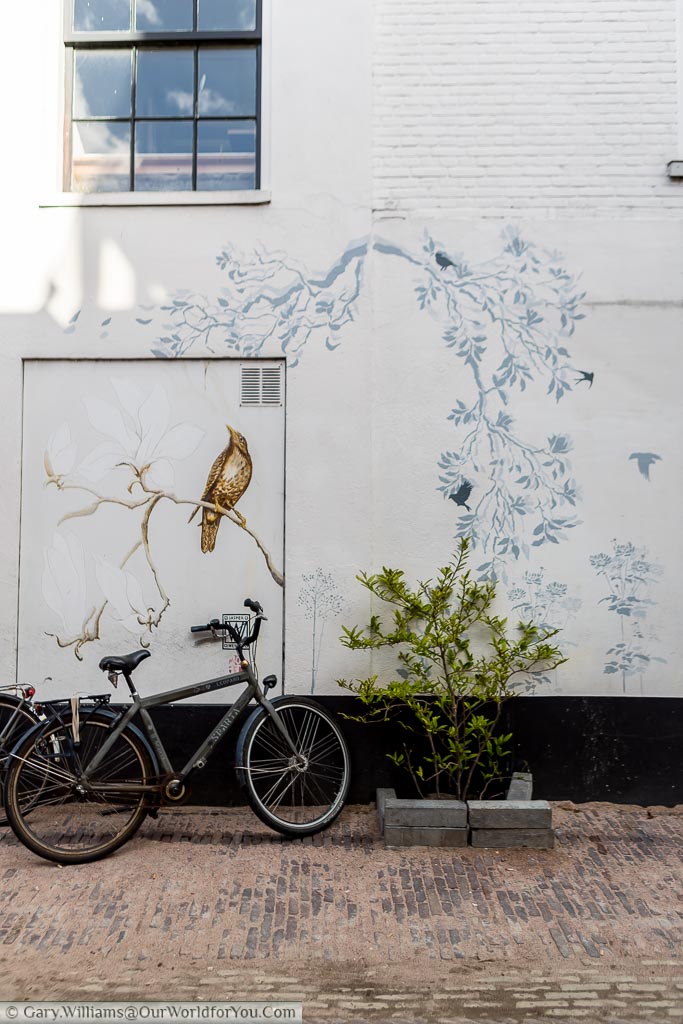 A delicate stencilled piece of street art of the branches of a tree with a songbird perched on one of them on a little lane in Haarlem.