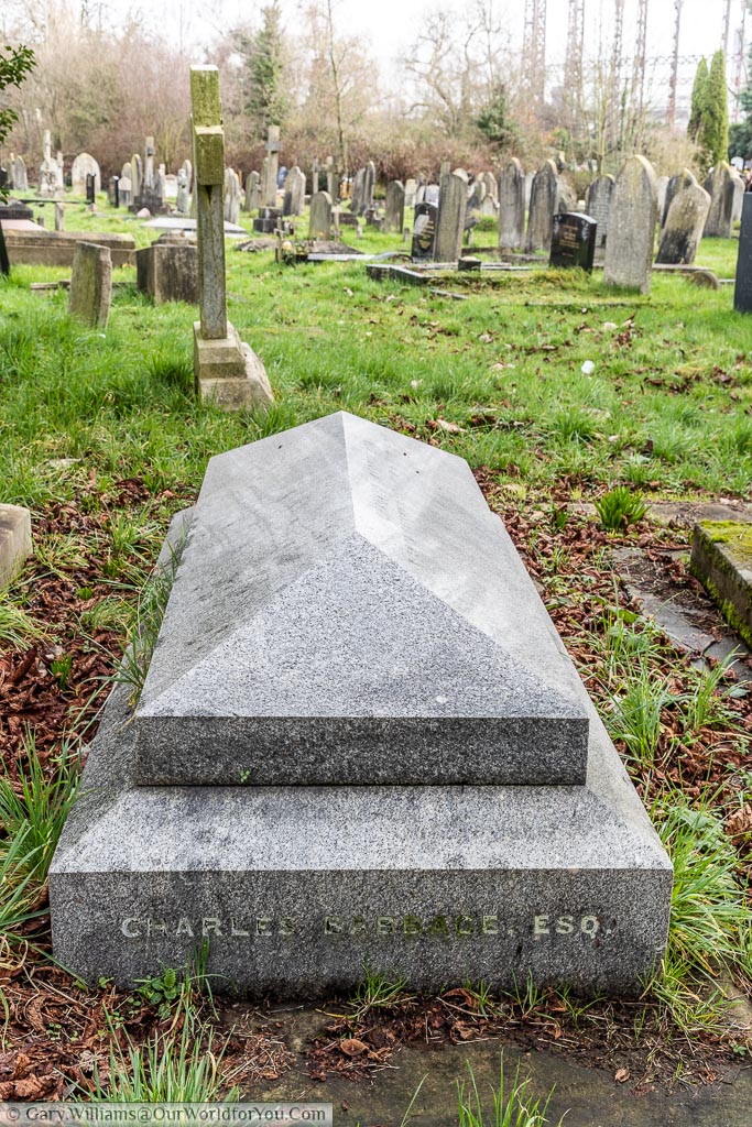 A simple grey granite tomb to the father of computing Charles Babbage