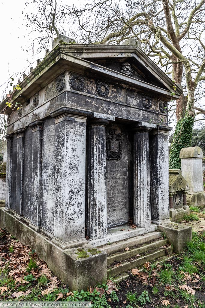 The weathered family crypt of the Robertson Aikman at Kensal Green Cemetery