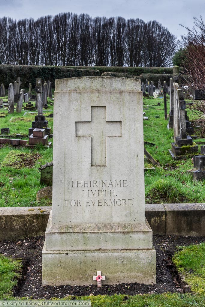 A stone within the Commonwealth War Graves Commission section of Kensal Green Cemetery with the inscription 'There Name Liveth for Evermore'