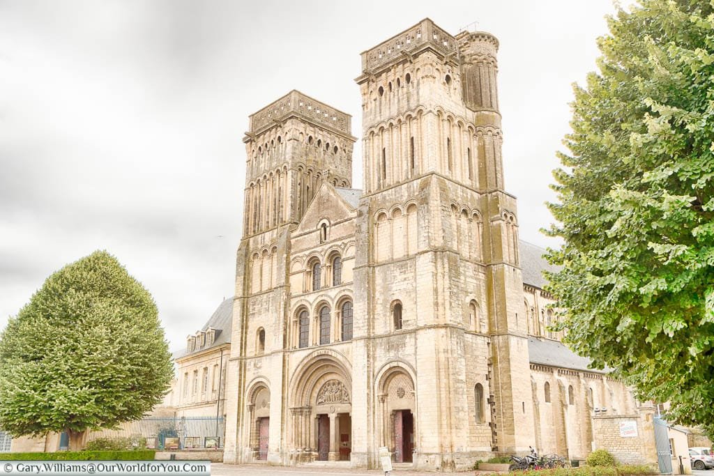 The impressive entrance to the Abbaye aux Dames in Caen dominated by two huge Norman towers.