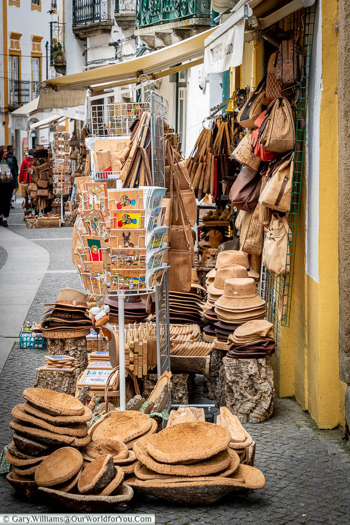 A gift shop in one of the lanes of Évora selling all things cork, from hats, handbags, postcards, place settings and so much more too.