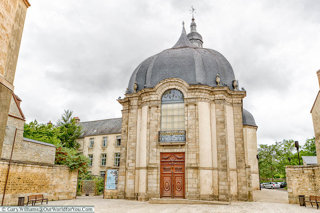 The exterior of a 17th-century Baroque church now repurposed to create a public library in Alençon.