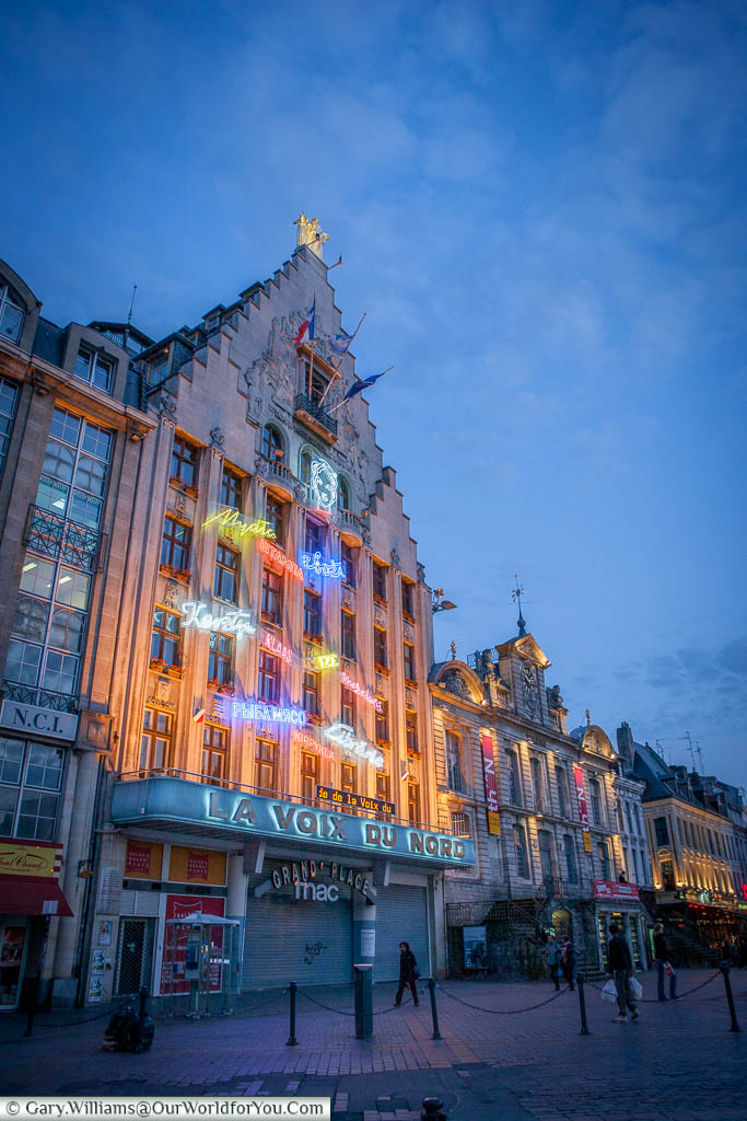 The 'La Voix du Nord' offices in Lille at dusk.