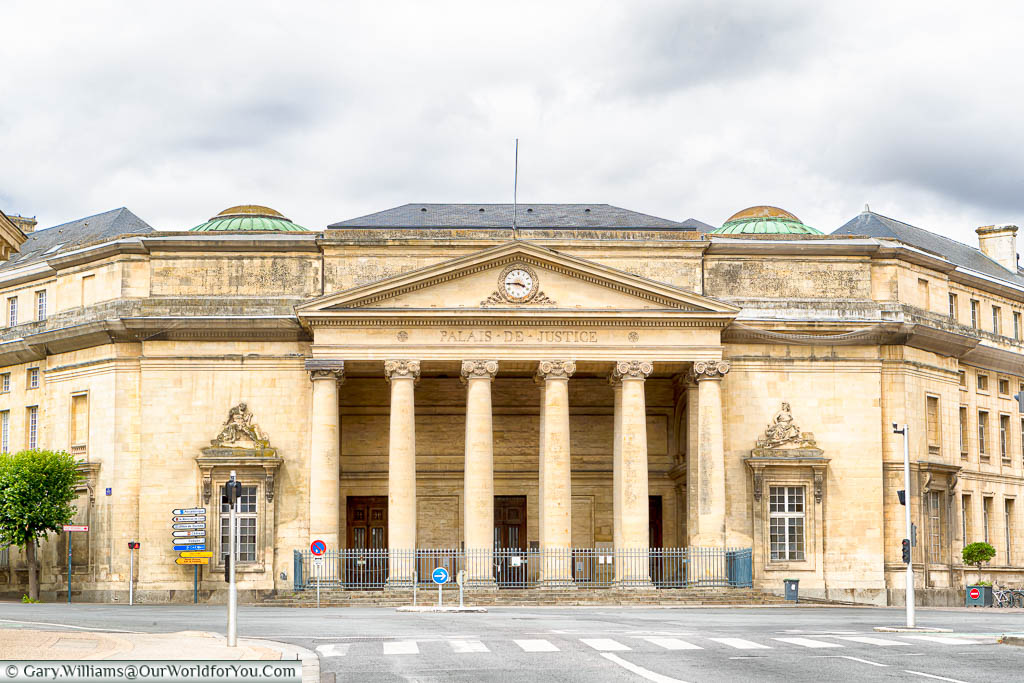 The neo-classical facade, featuring six giant Doric columns, to the Palais du Justice in Caen,