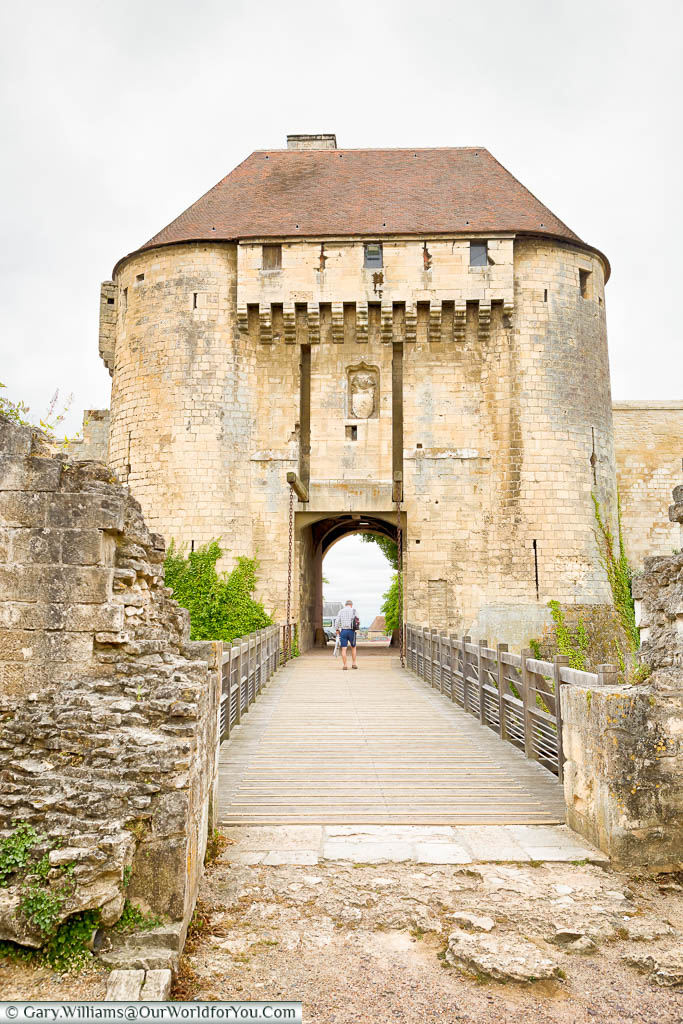 A wooden bridge, over a now dried out mote, to a gatehouse in the Château de Caen, Normandy.