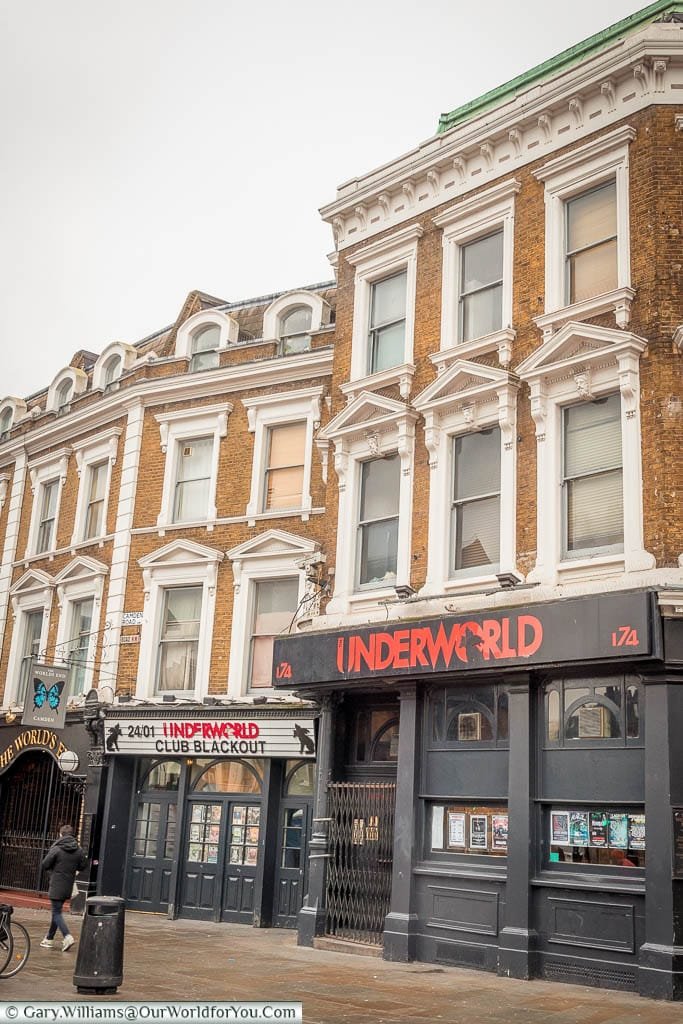 The black facade of 'The Underworld' music venue in Camden built on the lower level of Georgian townhouses.