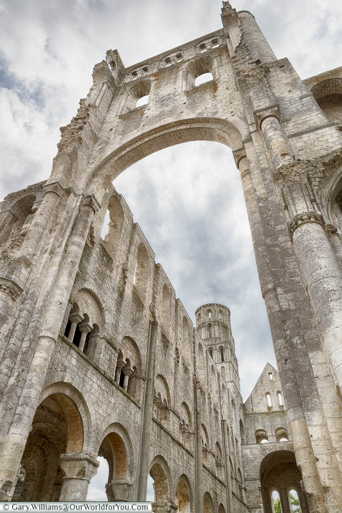 Looking up at the ruins of Jumieges Abbey from the arch that would have marked the transept.  The scale of the building is awe-inspiring.