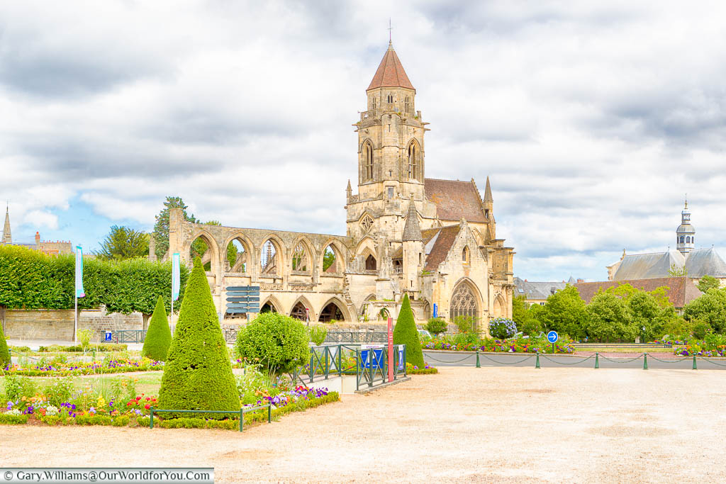 A view from a distance of the Église Saint-Étienne-le-Vieux in Caen, Normandy