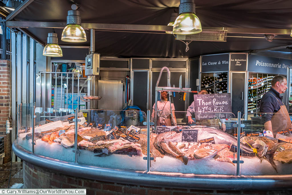 A fishmongers in the market in Rouen, France