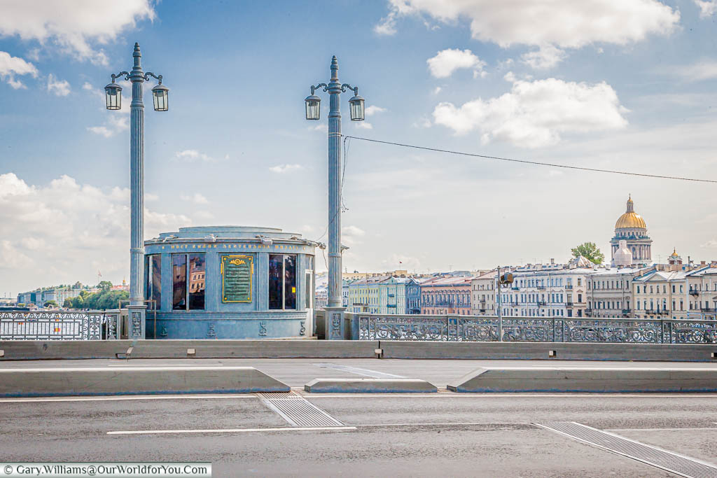 The elegant art deco Blagoveshchensky Bridge control box over the Neva River, Saint Petersburg, Russia