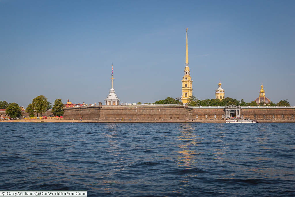 A view of Saint Peter's and Paul's Fortress from the Neva River in St Petersburg, Russia.