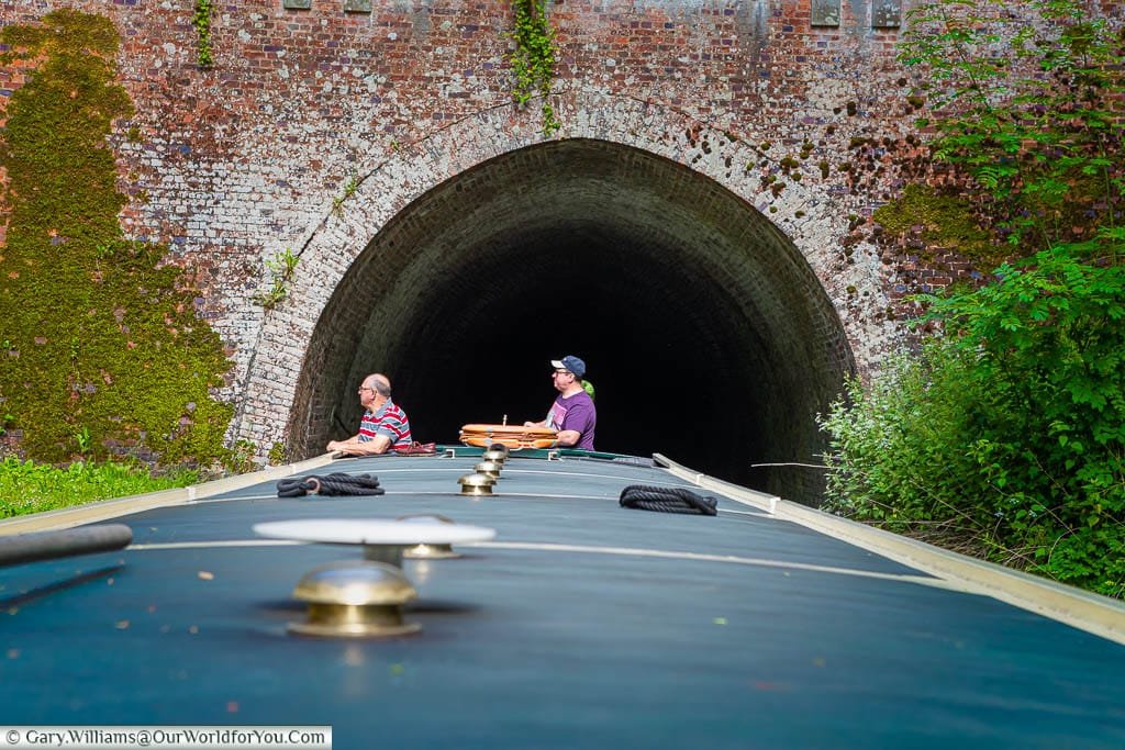 The view down the length of the narrowboat as we exit Bruce Tunnel