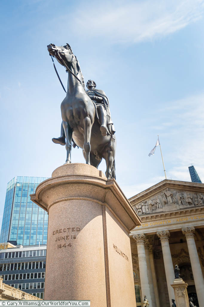 An Equestrian statue to the Duke a Wellington, in front of the Royal Exchange, above Bank Underground station, in the heart of the City of London