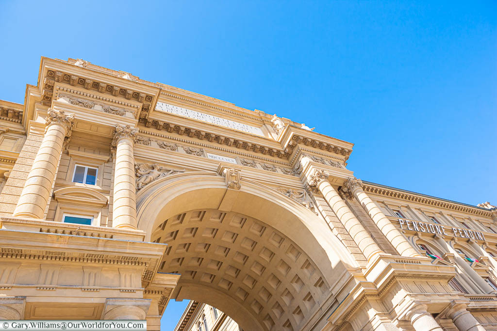 Looking up at the Triumphal Arch on Piazza della Repubblica, Florence