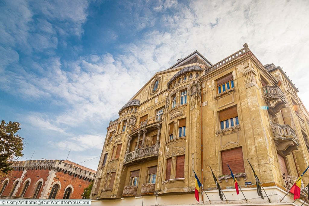 The ornate facade of the Löffler palace, built-in 1913 with Art Deco flourishes to this 5 storey stone building.
