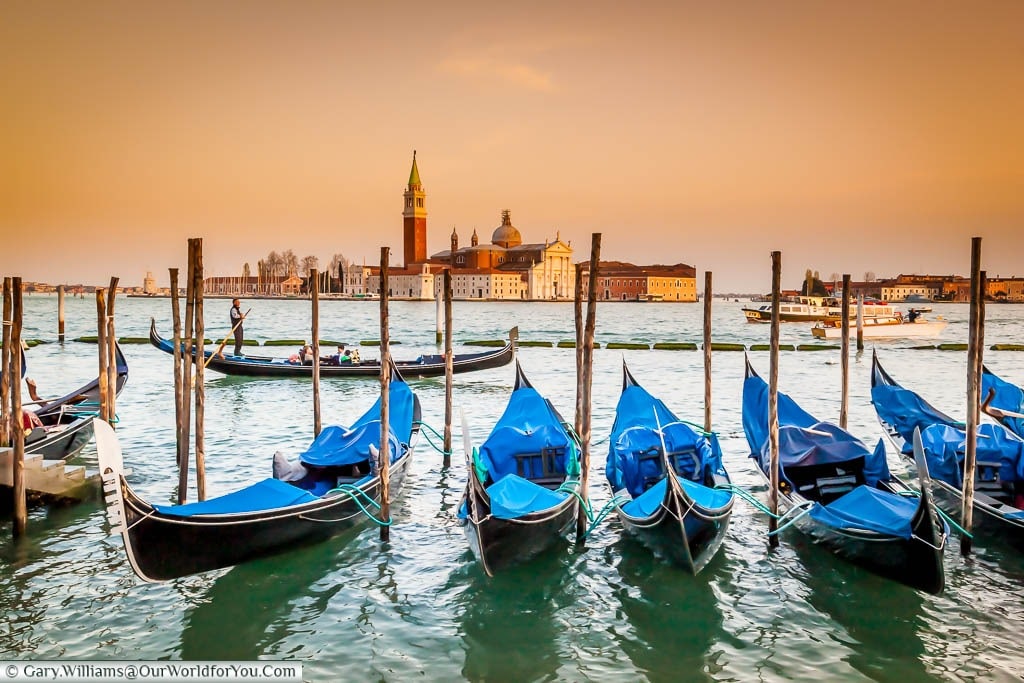 Gondolas, with the interior covered with blue protective layers moored up on the edge of St. Mark's Square square, with the Church of San Giorgio Maggiore in the background.