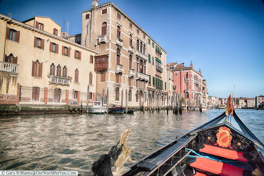 A view from inside a gondola as it travels down the Grand Canal in Venice