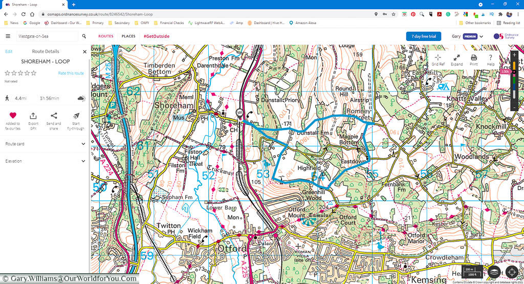A desktop screenshot of a planned route in Shoreham in Kent