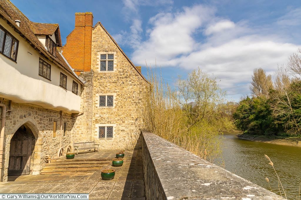 The Pilgrims’ Hall and Watergate overlooking the River Medway at the Friars in Aylesford, Kent