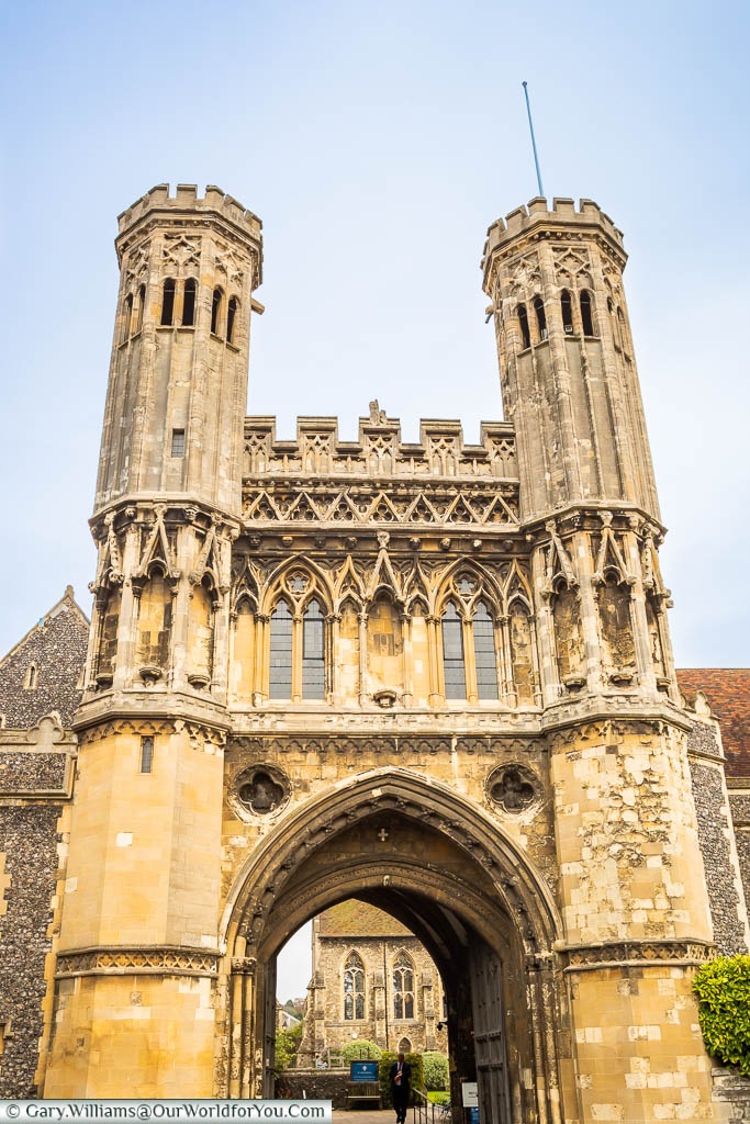 The large stone turreted gatehouse to St Augustine’s Abbey in Canterbury, Kent