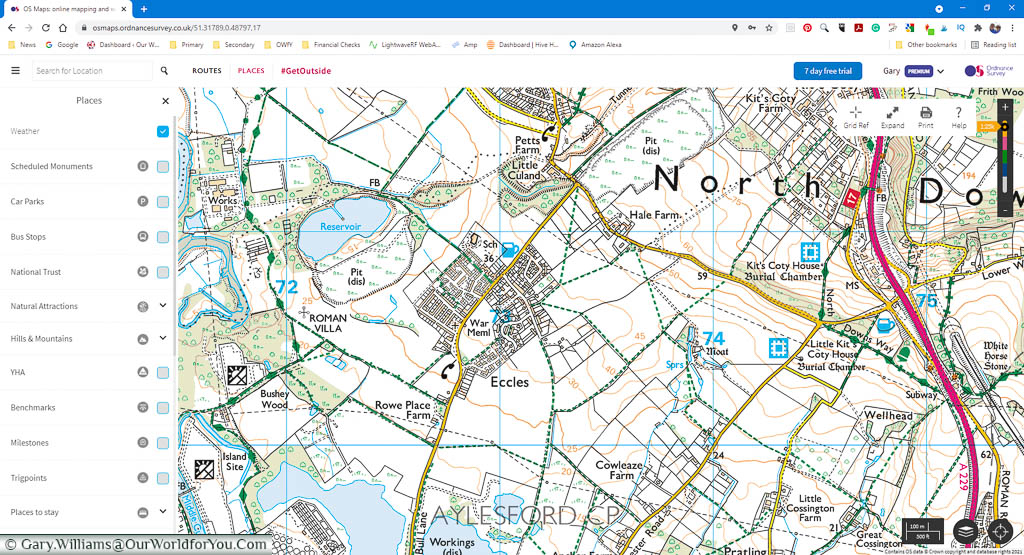 A desktop screenshot of the OSMaps apps 1:25k view of the area surround Eccles in Kent