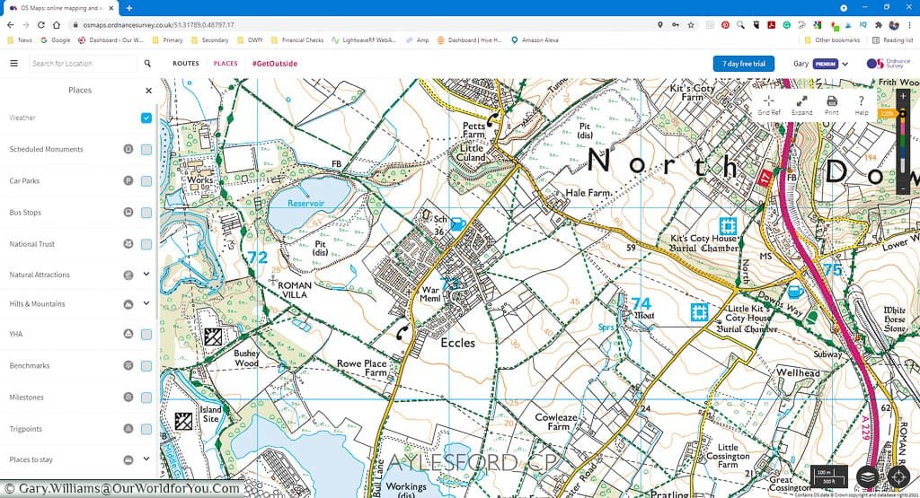 A desktop screenshot of the OSMaps apps 1:25k view of the area surround Eccles in Kent