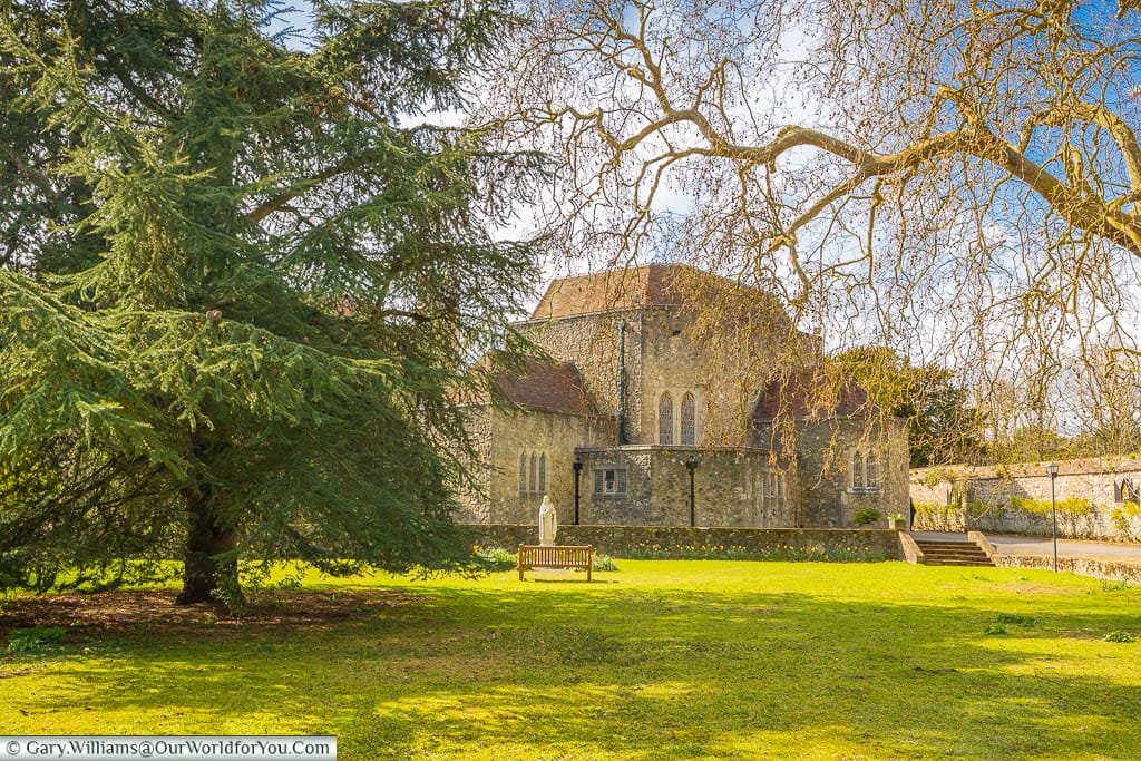 A view of Aylesford Priory from the tranquil gardens encapsulated by the Rosary Way