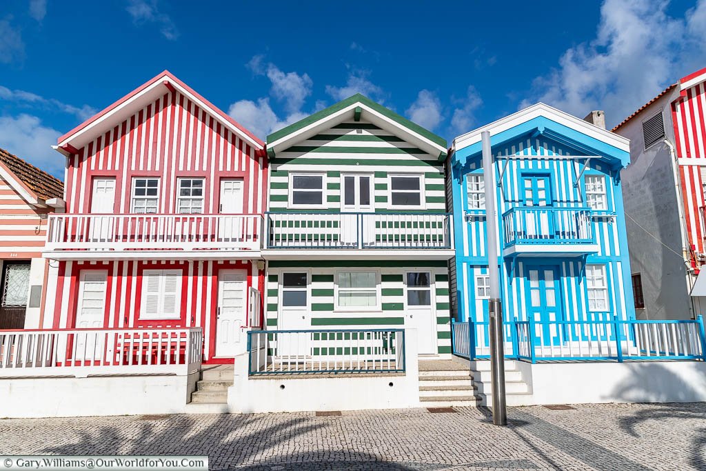 The stripped brightly coloured beach homes of Costa Nova on the Portuguese Coast.