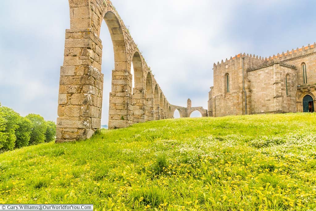 A close-up view of the Santa Clara Aqueduct where it meets the Church & Convent of Santa Clara in Vila do Conde, Portugal