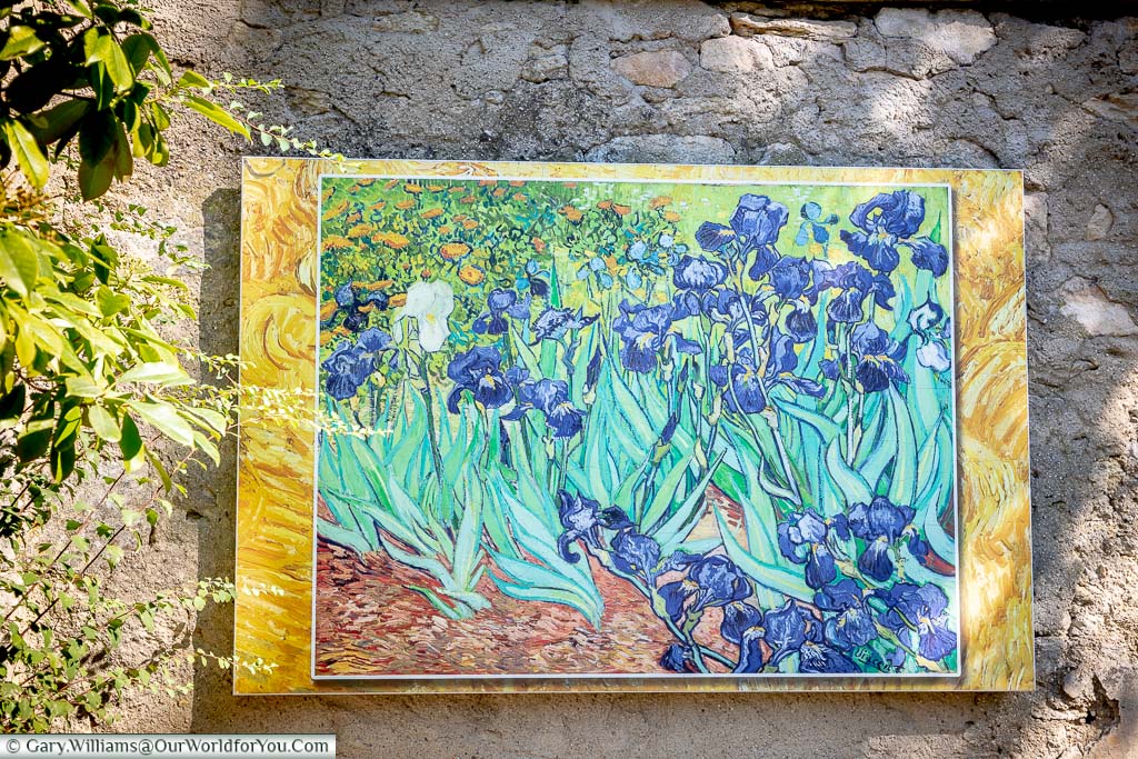 A print of Vincent Van Gogh’s ‘Irises’ on an eternal wall in the gardens of the Monastery of Saint-Paul de Mausole in Saint-Rémy-de-Provence, France