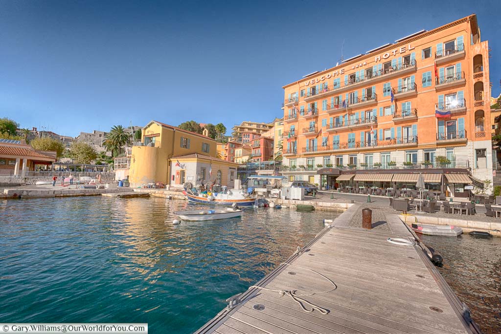 The view of our accommodation, the Welcome Hotel, from the jetty in Villefranche-sur-Mer
