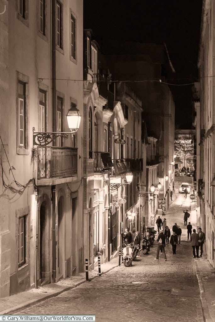 A sepia-toned image of the lanes of the Chiado region of Lisbon, Portugal