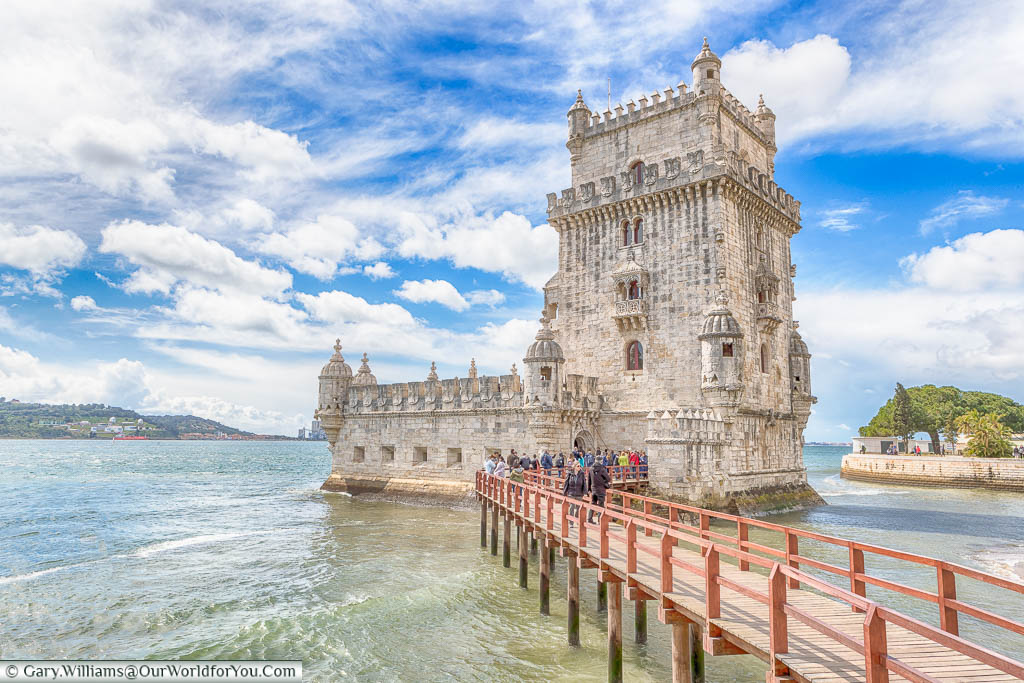 The 16th century Torre de Belém, a stone tower built in the Manueline style just outside Lisbon set on the shores of the River Tagus