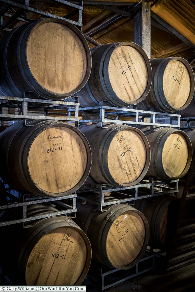 Eight of the French Oak barrels that are used to store Kits Coty Coeur de Cuvée vintages to impart their own unique flavour.