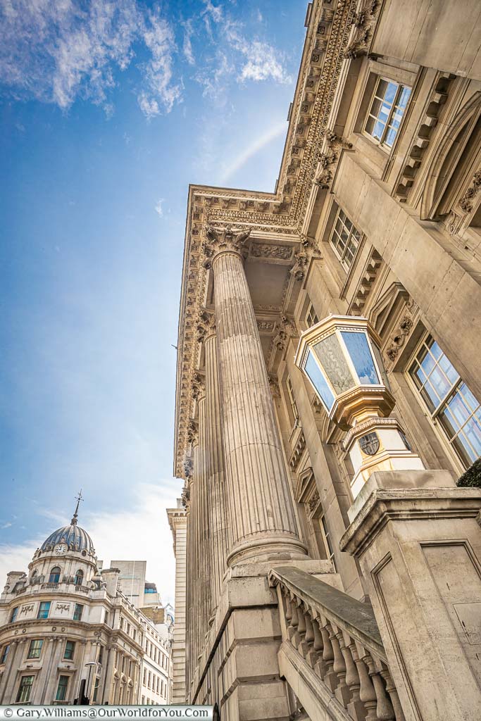 Looking up at the impressive 18th century, Palladian style, Mansion House at Bank Junction