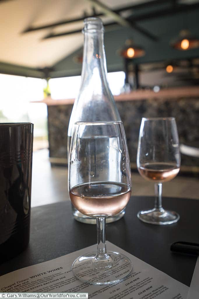 Two glasses of the rosé wine to be tasted.