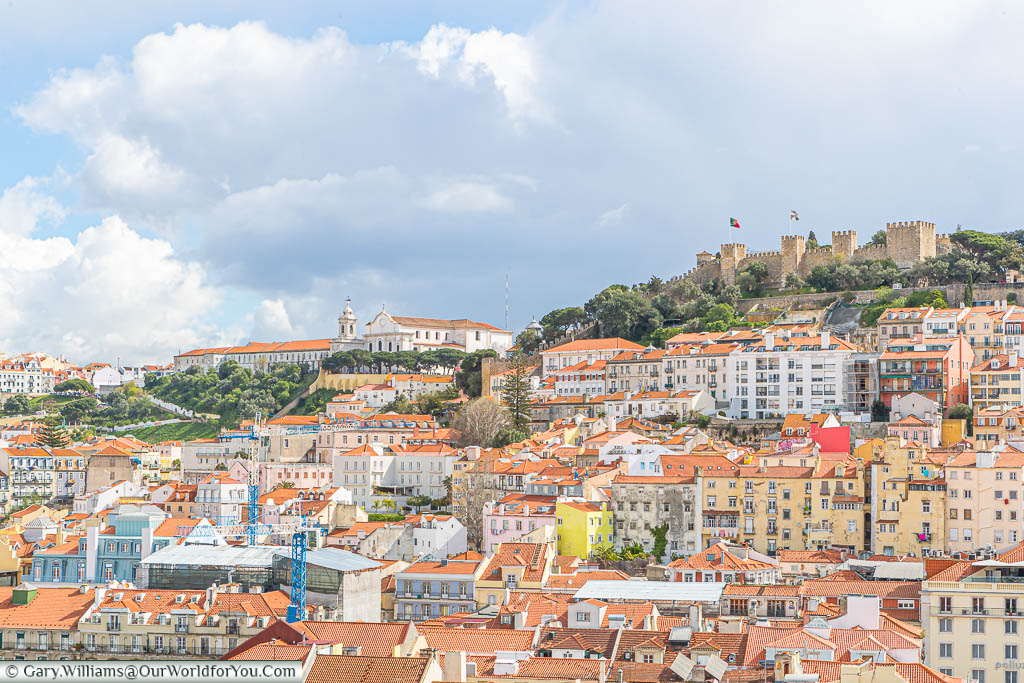 A view across the rooftops to the Castle from the top of the Elevador de Santa Justa in Lisbon, Portugal