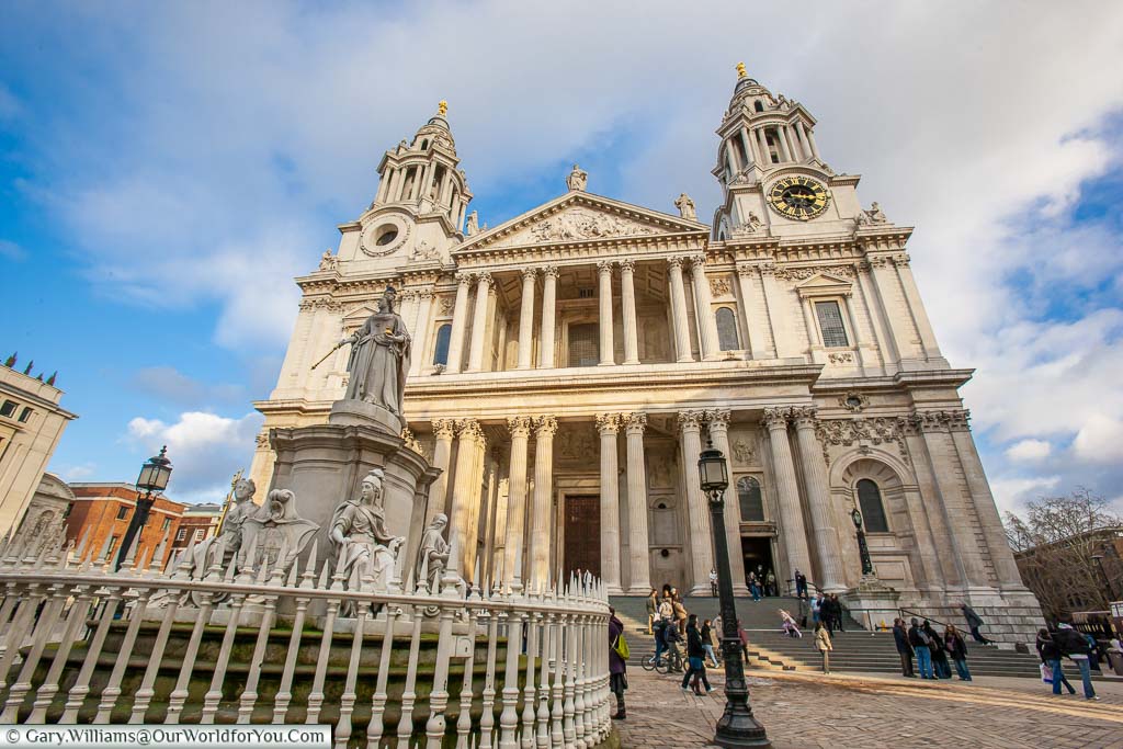 The view of the front of St Paul’s Cathedral from the statue to Queen Anne