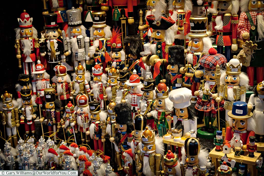 The close of a display of traditional nutcrackers. A mix of Kings, toy soldiers and artisans on a stall in Cologne’s Chrismas market.