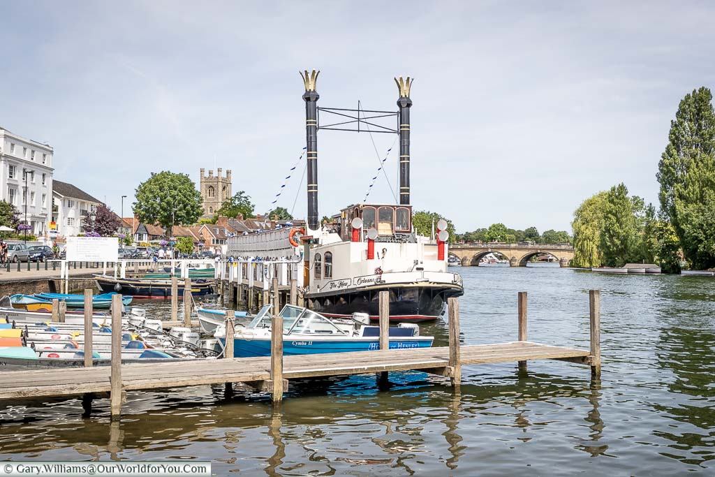 A paddle-steamer moored up on the River Thames at Henley