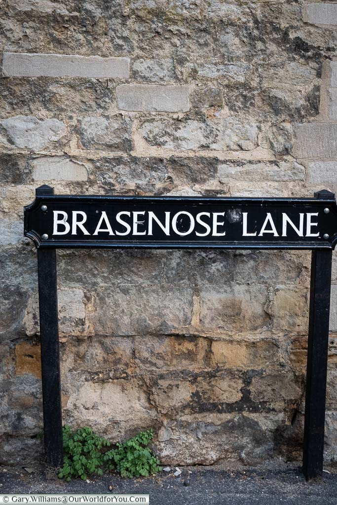 The black cast-iron street sign for Brasenose Lane set against a stone wall in Oxford
