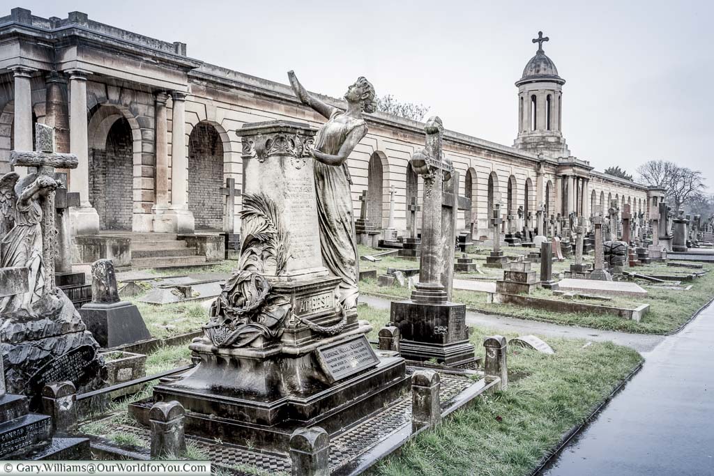 Impressive Victorian tombs and classically styled features of Brompton Cemetery, in London, have appeared in many movies.