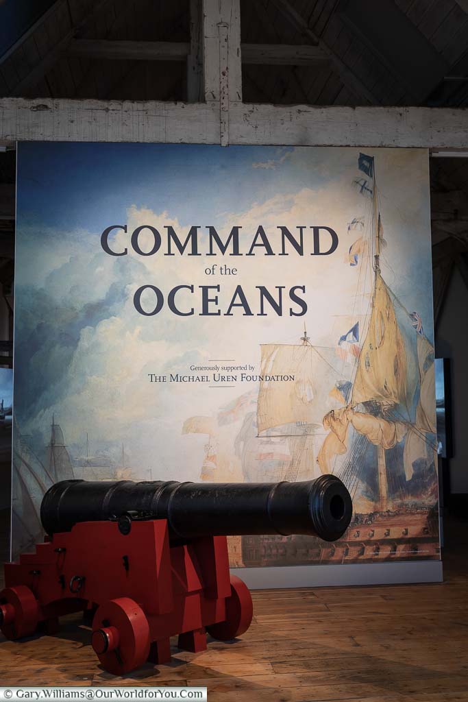 A cast-iron cannon at the entrance to the Command of the Oceans exhibition at the Historic Dockyard Chatham