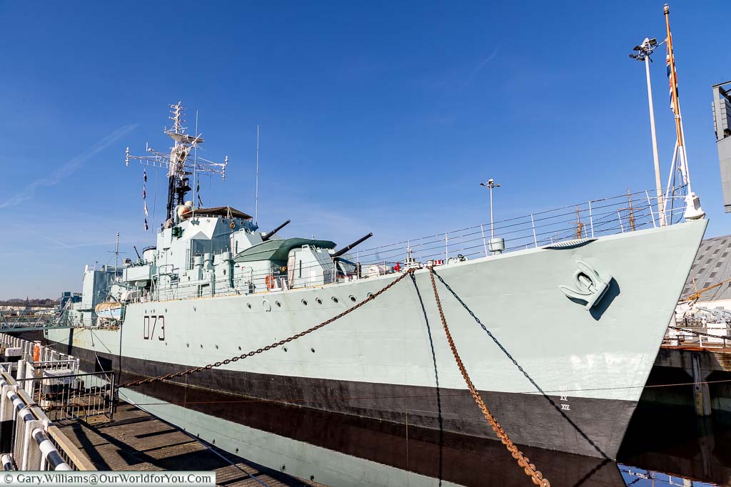 A front, side-on, view of HMS Cavalier, at the Historic Dockyard Chatham, Kent