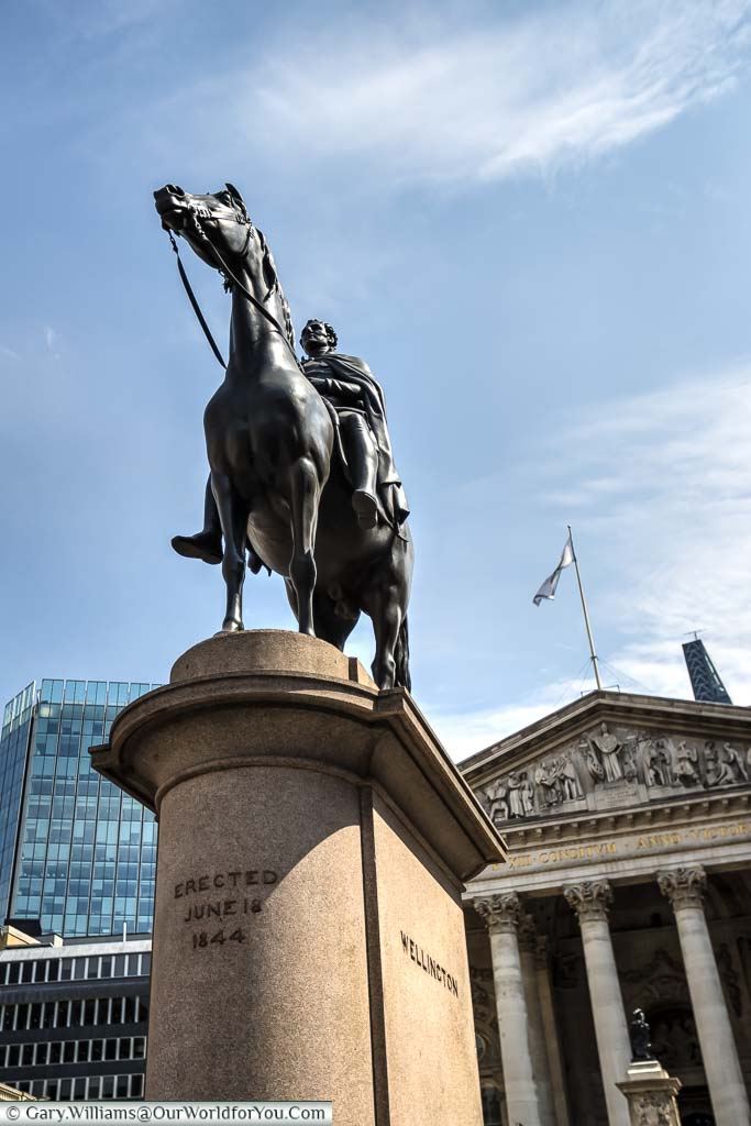 An equine statue of The Duke of Wellington, Sir Arthur Wellesley, outside the Royal Exchange in the City of London
