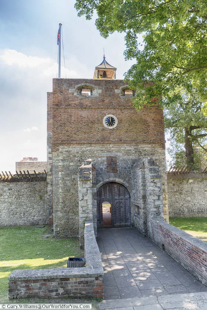 The brick & stone clock tower above the entrance to Upnor Castle
